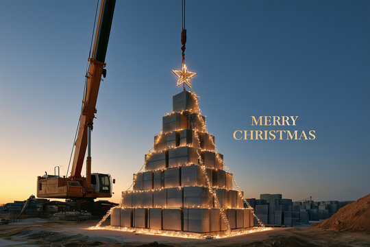 Christmas Construction Concept with Crane and Building Blocks. construction equipment, concrete building blocks and traditional Christmas tree. construction, engineering, infrastructure, building proj