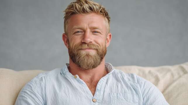 A blonde man with a full beard and light shirt sits on a sofa, looking directly forward with a gentle smile.   