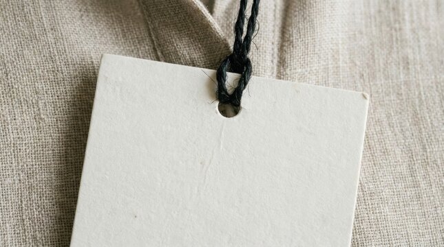 A blank rectangular paper tag tied with black string on beige textured fabric fabric background.