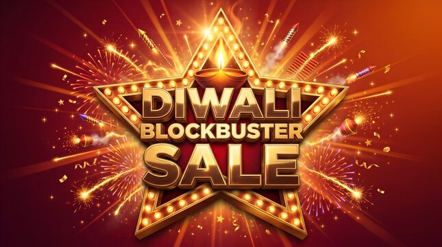 Design a vibrant Diwali blockbuster sale poster centered around a large 3D star-shaped marquee with a glowing bulb border and rich metallic gold edges, placed against a deep red to orange radial gradi