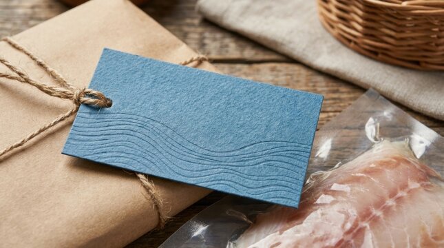 A blue textured gift tag tied with twine sits atop a wrapped package on a rustic wooden surface beside a basket and vacuum-sealed fish fillets.