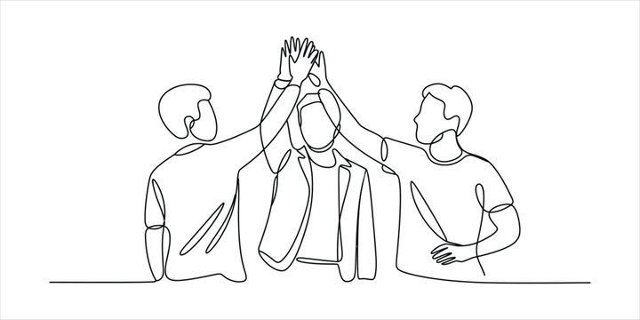 Three happy friends giving a high five to celebrate success in a continuous single line drawing style