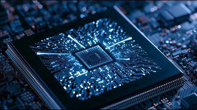 A computer chip is displayed with dynamic glowing connections and electronic patterns. The visuals highlight intricate designs and technology.