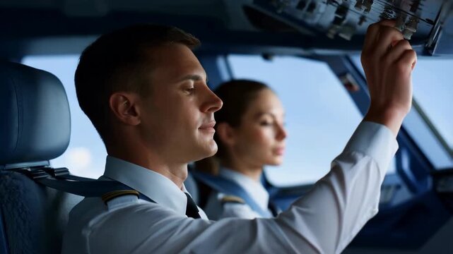 Profile view of two professional young airline pilots a man and a woman operating a commercial airplane in the cockpit