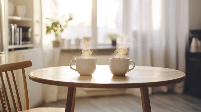 opposite. A round wooden table with two cups of steaming tea placed on opposite sides, soft morning light. bar promotions, beverage menus, designed for product packaging and bar promotions.
