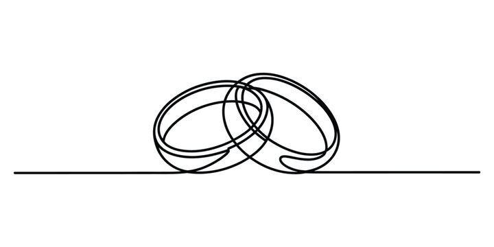 Continuous single line drawing of two wedding rings intertwined as a symbol of love and marriage isolated on a white background illustration