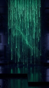 Glowing green digital data particles flowing downward in a dark