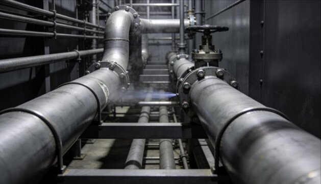 Industrial pipelines and valves release visible steam through dark metal processing facility, showing complex pipe infrastructure, steel machinery, controlled pressure, and detailed engineering