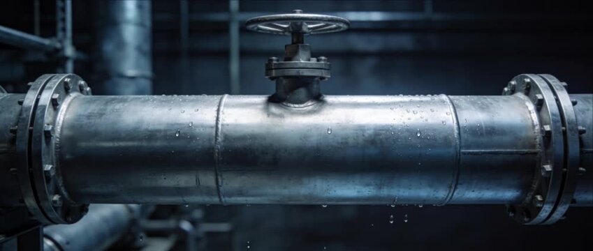 Industrial Pipeline Valve Systems, Steel Pipe Flange Connection Infrastructure, Rugged Metal Engineering, Weathered Surfaces, Controlled Fluid Flow, Dark Factory Facility, Heavy Industrial Mechanical