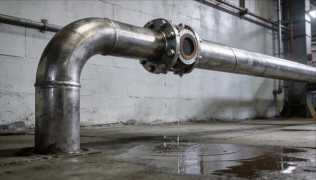 Industrial pipeline valve leaking water through weathered factory interior, curved steel metal pipe, damp plumbing infrastructure, fluid leakage, wet floor, concrete walls, rugged mechanical