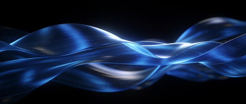 Abstract blue liquid silk ribbon flowing wave luminous dark background with elegant futuristic motion texture, graceful curves, layered design elements, and dynamic flowing visual atmosphere