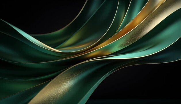 Abstract liquid silk ribbon curves in emerald green, gold, and black, creating elegant flowing waves, luxurious texture, golden highlights, and modern background motion for premium design projects