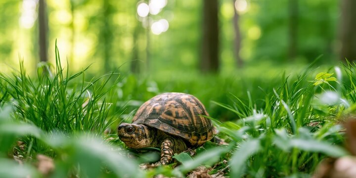 Box turtle walking on a forest floor among green grass