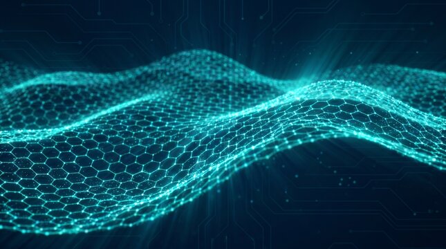 Cyan hexagonal mesh wave representing digital data flow and network