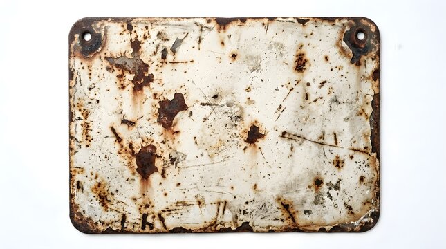 Old rectangular metal sign with chipped white enamel paint and heavy rust edges, isolated on white background