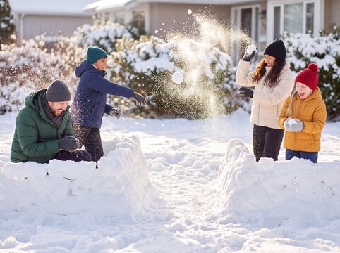 Family playing snowball fight with snow forts for playful winter fun together