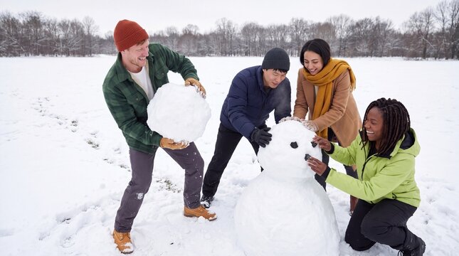 Four diverse friends building a snowman for teamwork and winter fun together