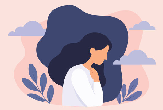 Sad woman mental health problems depicting depressed female holding chest with dark cloud long hair surrounded by leaves and soft pink tone