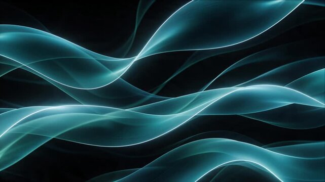 Abstract light wave turquoise ribbon curve flow luminous dark background with layered futuristic motion, elegant depth, smooth dynamic pattern for modern digital design projects and creative visual