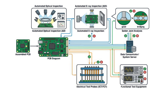 Engineer inspecting electronic circuit board connection diagram in technical environment with detailed components