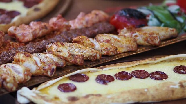 Assorted Turkish Kebabs and Pide Served on Wooden Platter
