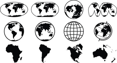 Set of black world map projections, earth globes, and individual continent silhouettes for global design © SAIFUL