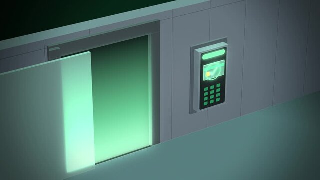 Isometric badge reader grants access as a sliding door glows green