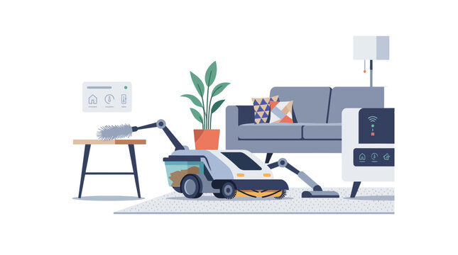 Robotic cleaner and duster automating home chores in a modern living room