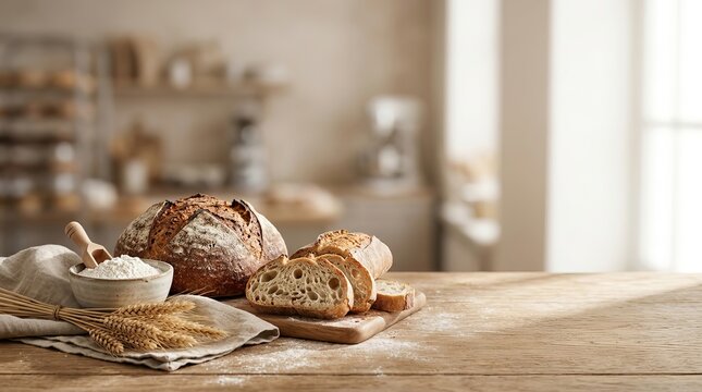 Freshly baked sourdough loaf with slices and flour on a wooden kitchen table