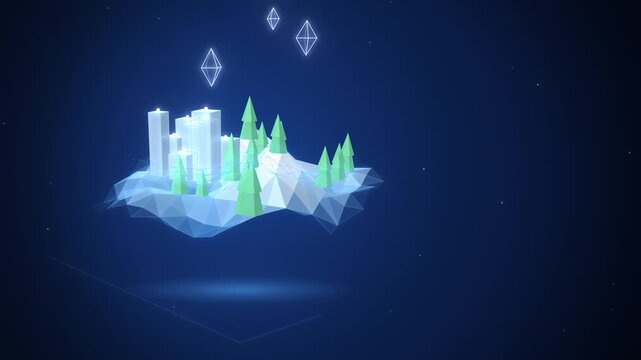 Icy blue low poly virtual world island with trees seamless loop