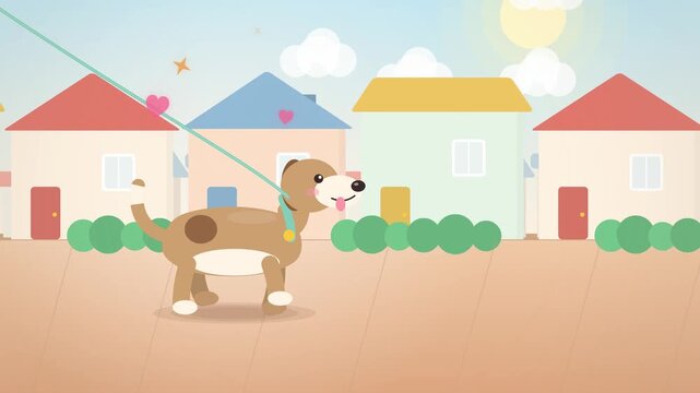 Dog on leash walking past sunny colorful houses seamless loop