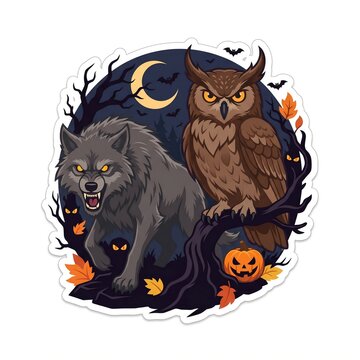 Scary Halloween Owl and Wolf Vector Sticker with Spooky Theme
