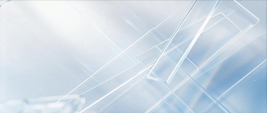 Abstract glassmorphism backgrounds featuring translucent geometric panels, pale blue gradients, soft light, glass shapes, futuristic digital atmosphere, clean modern design composition and airy