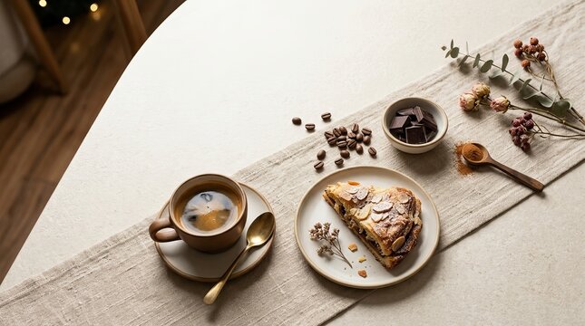 Slice of cake with coffee and chocolate pieces on rustic table runner