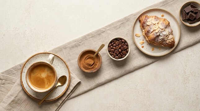 Fresh croissant with coffee and chocolate on textured linen table runner
