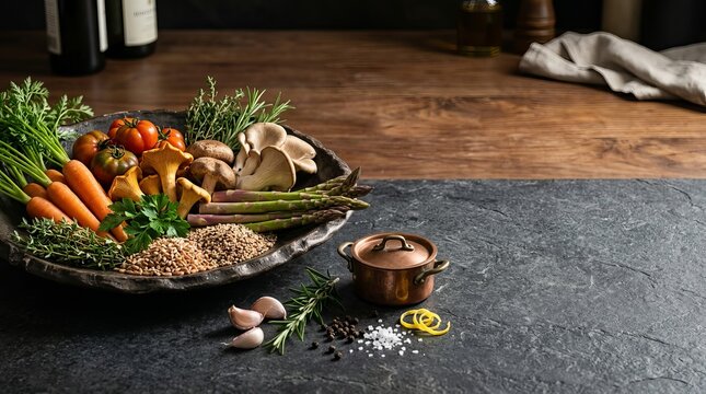 Assorted fresh seasonal vegetables and wild mushrooms on a dark rustic platter