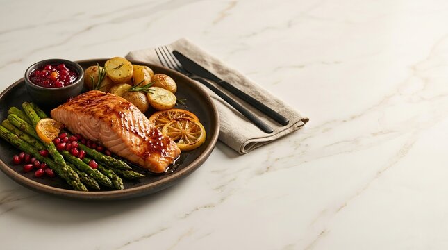 Grilled salmon fillet with roasted potatoes and asparagus on a plate