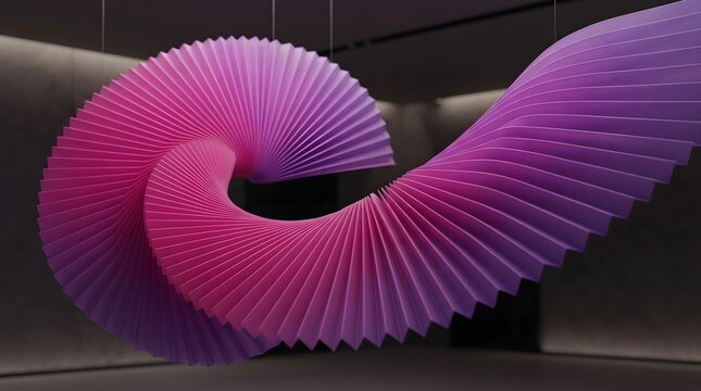 Magenta to Violet Pleated Fan Sculpture Twisting in Space