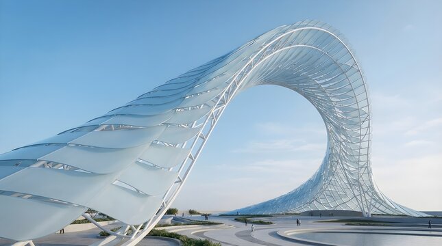 Modern Architectural Archway with White Metal Frame and Blue Fabric