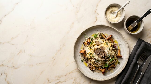 Creamy mushroom pasta on a ceramic plate with parmesan cheese and herbs