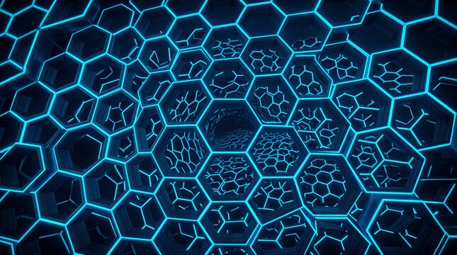 Blue glowing hexagonal grid structure, futuristic neon honeycomb pattern, abstract digital technology background for data and science