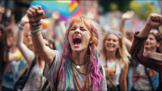 Passionate woman with colorful hair shouting in a crowd at an lgbtqia pride parade