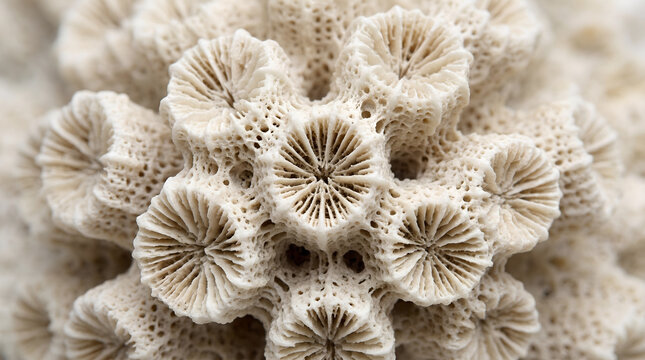 Macro white coral skeleton, intricate organic texture of sea coral, natural marine specimen with radial patterns, minimalist coastal background