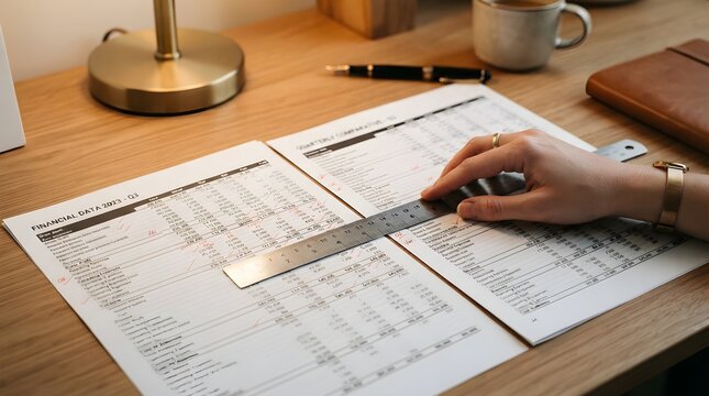 Close Up of Persons Hand Using Ruler to Analyze Financial Data