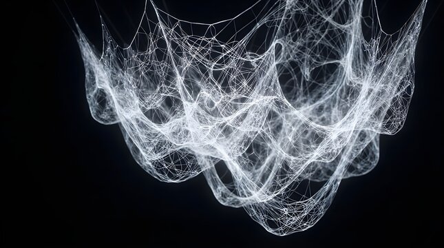 Glowing White Network of Threads on Black Background