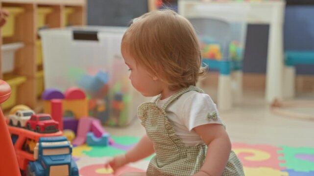 Toddler girl with blonde hair sitting on colorful foam mat reaching hand toward blue toy truck and cars in building; gentle curiosity.