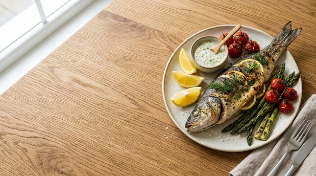 Whole grilled fish served with asparagus and cherry tomatoes on a white plate