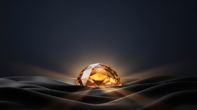 A brilliant golden faceted crystal dome is partially embedded in dark undulating fabric, emitting a soft glow.
