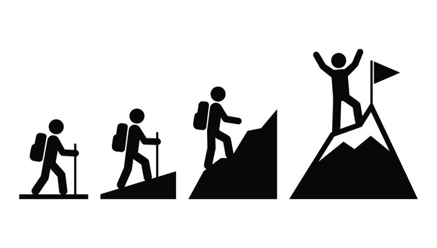 Solid stick figure silhouette set tracking a hiker climbing a mountain to reach success and victory