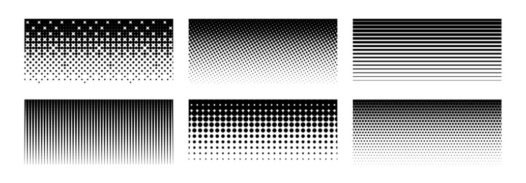 Halftone dotted rectangular shape collection. Rectangle gradient pattern set. Pixelated fading texture frame pack. Disappearing comic pop art elements. Vector raster bitmap spots for poster, collage